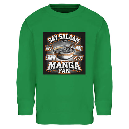 Say Salaam to the Manga Fan Design #1 Part-Recycled Cotton-Poly Kids Sweatshirt – Kelly Green / Matcha Tint. Illustrated with ramen, chopsticks, and Japanese characters, this pullover celebrates manga culture and the global language of Salaam. For young Muslim fans sketching, studying, or sharing stories between salahs, it’s soft, warm, and durable. Comfortable enough for daily wear yet bold enough for creative expression, this is graphic apparel with both faith and flair stitched in.