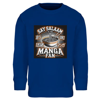 Say Salaam to the Manga Fan Design #1 Part-Recycled Cotton-Poly Kids Sweatshirt – Royal Blue / Azure featuring illustrated manga art with ramen, chopsticks, and comic-style halftones. Created for Muslim anime enthusiasts who balance prayer and play, this jumper offers softness, warmth, and street-level style. The perfect pullover for creative kids exploring worlds of imagination — where greeting and gratitude meet fandom and fun. Durable, easy-care, and made to last like your favourite series.