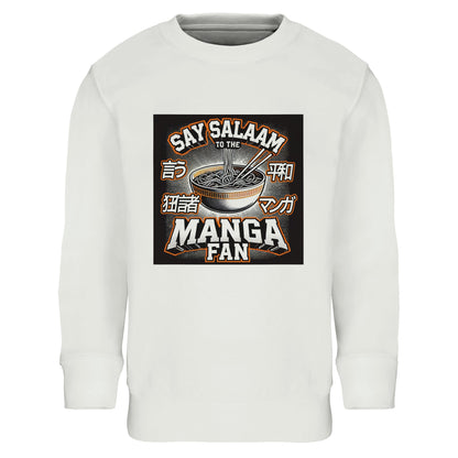 Say Salaam to the Manga Fan Design #1 Part-Recycled Cotton-Poly Kids Sweatshirt – White / Platinum. Featuring an illustrated ramen bowl with chopsticks, comic-style shading, and Japanese katakana beside bold lettering, this pullover blends manga culture with modest comfort. Perfect for Muslim kids reading between prayers, watching anime, or sketching their next hero. Soft, warm and durable, this sweatshirt invites fans to show faith and fandom together through graphic style and gentle texture.