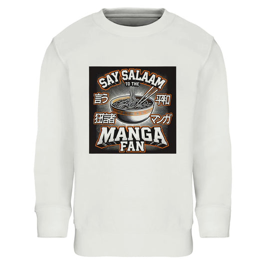 Say Salaam to the Manga Fan Design #1 Part-Recycled Cotton-Poly Kids Sweatshirt – White / Platinum. Featuring an illustrated ramen bowl with chopsticks, comic-style shading, and Japanese katakana beside bold lettering, this pullover blends manga culture with modest comfort. Perfect for Muslim kids reading between prayers, watching anime, or sketching their next hero. Soft, warm and durable, this sweatshirt invites fans to show faith and fandom together through graphic style and gentle texture.