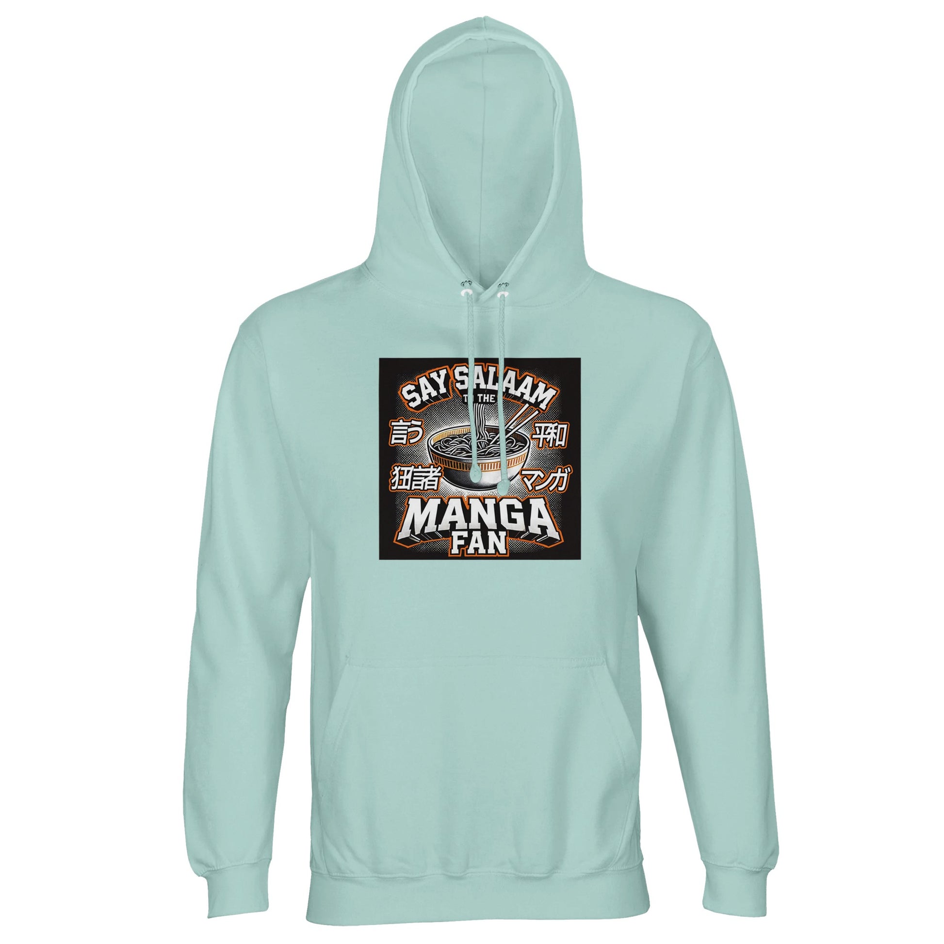 Say Salaam to the Manga Fan Design #1 Part-Recycled Unisex Cotton-Poly Hoodie – Arctic Blue / Glacier Tint. Across the chest, an illustrated ramen bowl with chopsticks meets Japanese katakana and bold comic lettering, echoing a manga title page. The brushed fleece interior adds warmth, while the lined hood and neat drawstring finish the look with comfort. Designed for Muslim manga fans who prefer cool tones, this hooded top combines soft texture, subtle colour, and cultural detail with everyday wearability.