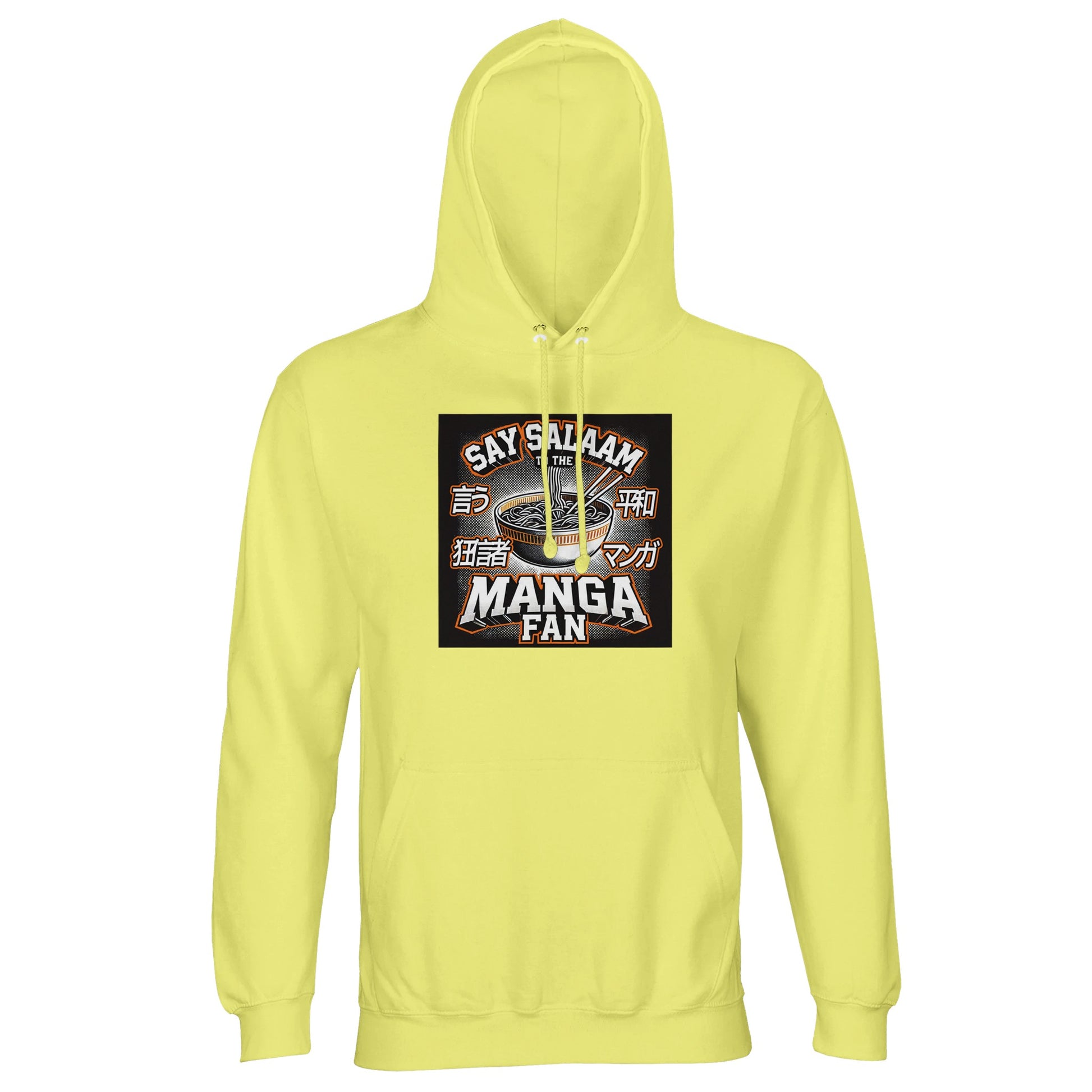 Say Salaam to the Manga Fan Design #1 Part-Recycled Unisex Cotton-Poly Hoodie – Light Yellow / Lemon Chiffon. Featuring a bold illustrated ramen-bowl graphic surrounded by Japanese katakana and comic-style typography, this soft hoodie celebrates the joy of manga and mealtime alike. The brushed fleece interior adds warmth, while the lined hood and tone-on-tone drawstring complete the relaxed look. For Muslim manga fans who appreciate playful, story-driven design with cultural flavour and comfort.