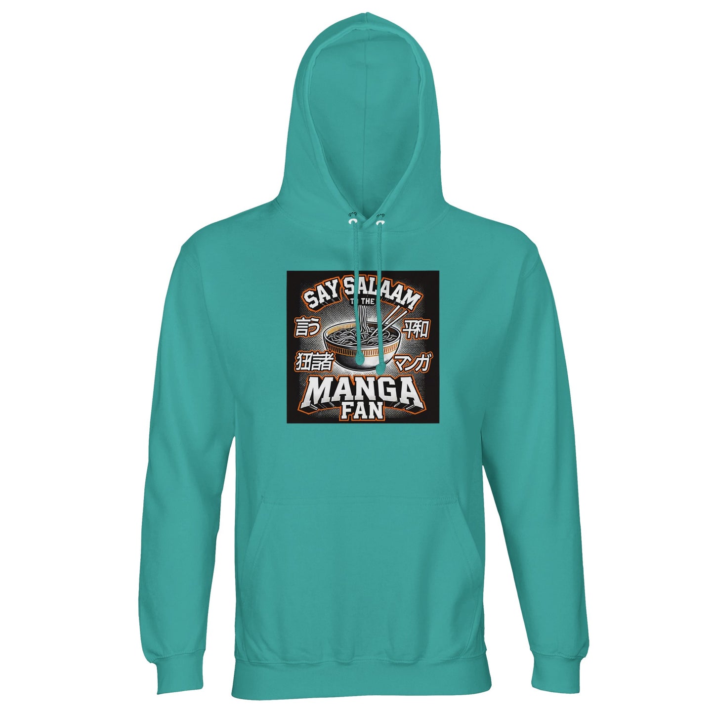 Say Salaam to the Manga Fan Design #1 Part-Recycled Unisex Cotton-Poly Hoodie – Pool Blue / Light Sea Green. The front showcases a crisp ramen-and-chopsticks illustration framed by katakana and bold comic lettering for instant manga energy. Brushed fleece delivers warmth; the lined hood and tone-on-tone drawstring keep the finish clean. A unisex, modest hoodie for Muslim manga fans who want expressive, illustrated streetwear with food-lore charm, panel style and all-day comfort.