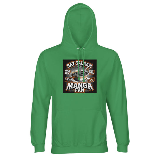 Say Salaam to the Manga Fan Design #1 Part-Recycled Unisex Cotton-Poly Hoodie (dark) – Spring Green / Sea Green / Eucalyptus. The front graphic shows an illustrated ramen bowl with chopsticks, surrounded by bold Japanese lettering and comic halftone effects. A modest, fleece-lined hoodie for Muslim manga fans who love art, anime and late-night sketching. Soft, durable and expressive — a wearable nod to faith and fandom, merging illustrated detail with everyday halal streetwear comfort.