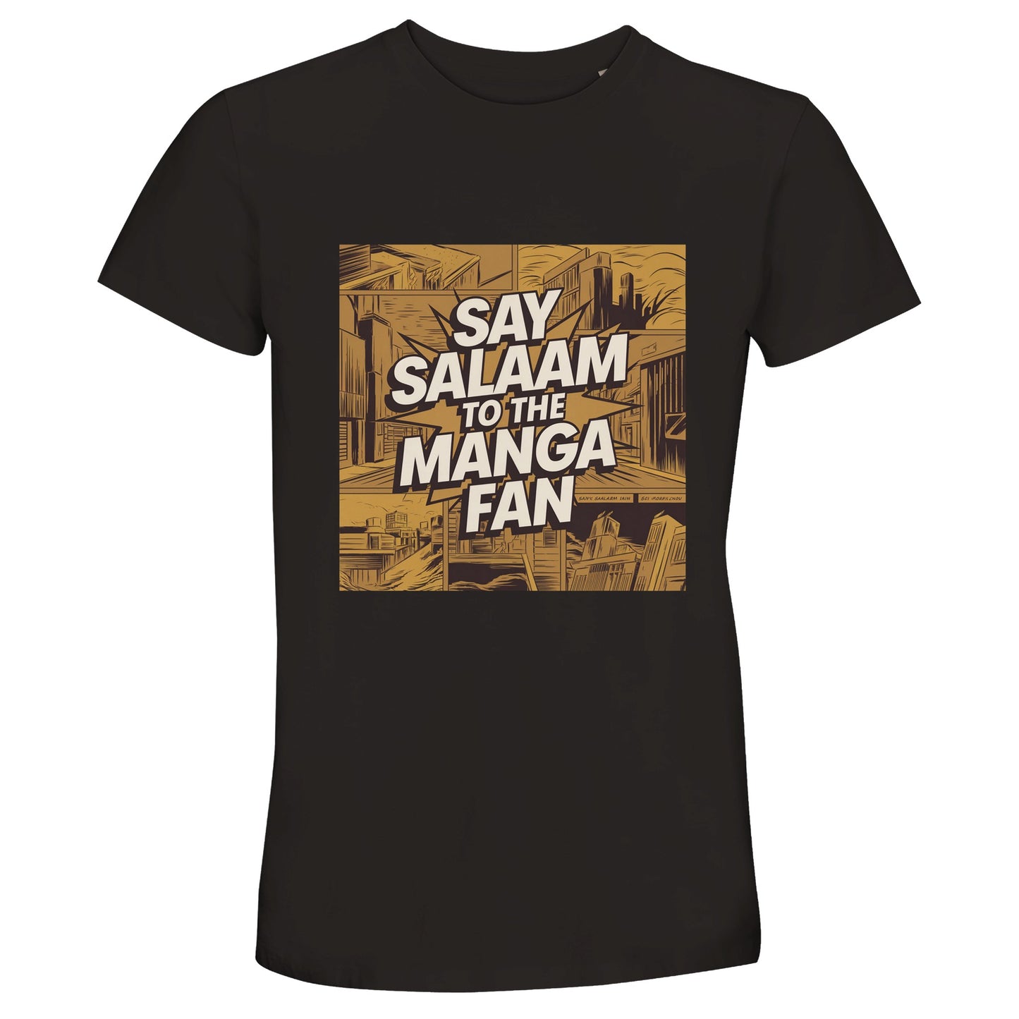 Say Salaam to the Manga Fan Design #2 50% Recycled Unisex Cotton T-Shirt – Deep Black / Zeus. Featuring a detailed manga-style cityscape in warm gold and brown tones, this illustrated tee captures the look of classic Japanese panels. The bold ‘Say Salaam to the Manga Fan’ lettering cuts through the skyline like a comic burst. A breathable short-sleeve top for Muslim manga lovers who balance faith and fandom. Soft, lightweight cotton with an artistic edge — ideal for everyday, creative wear.