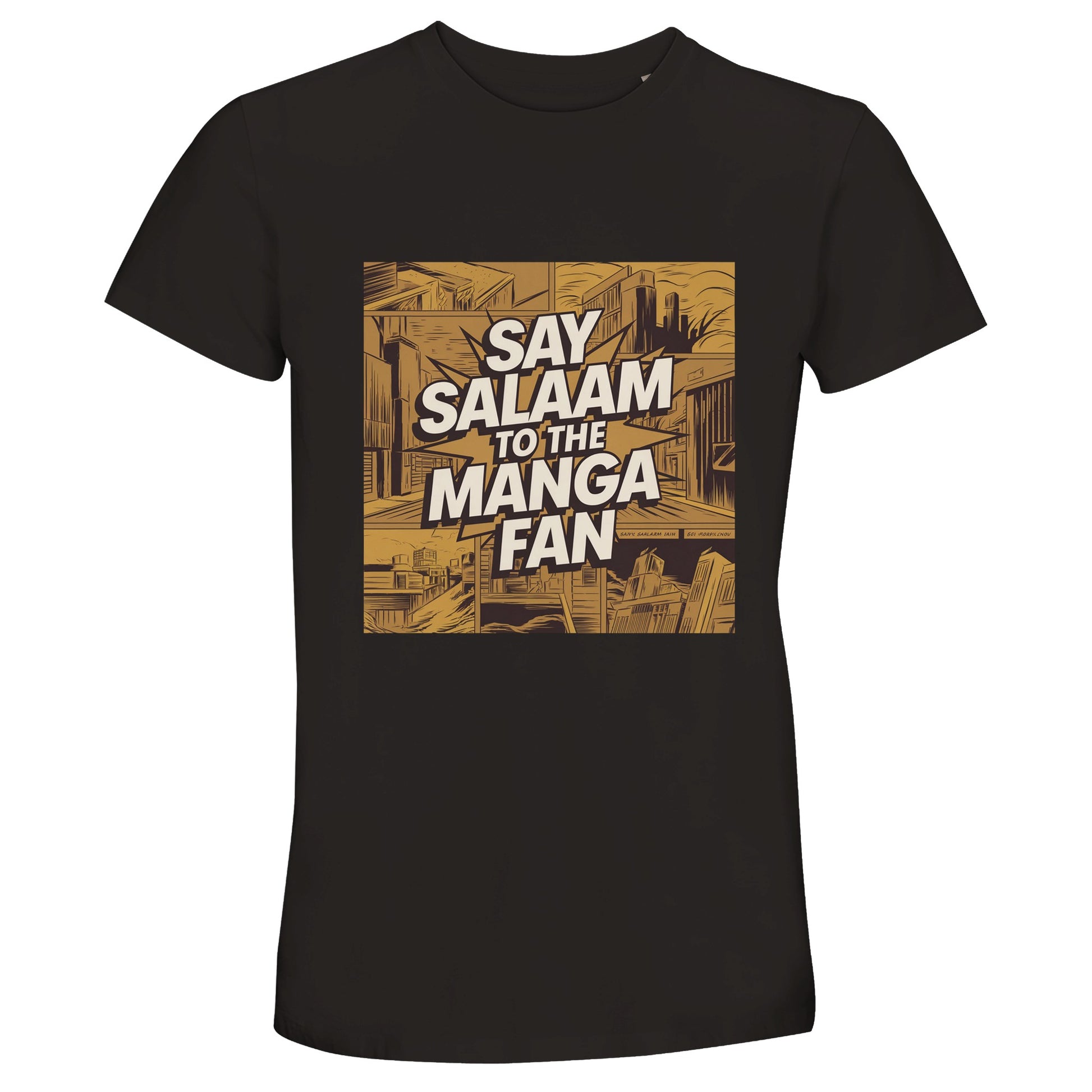 Say Salaam to the Manga Fan Design #2 50% Recycled Unisex Cotton T-Shirt – Deep Black / Zeus. Featuring a detailed manga-style cityscape in warm gold and brown tones, this illustrated tee captures the look of classic Japanese panels. The bold ‘Say Salaam to the Manga Fan’ lettering cuts through the skyline like a comic burst. A breathable short-sleeve top for Muslim manga lovers who balance faith and fandom. Soft, lightweight cotton with an artistic edge — ideal for everyday, creative wear.