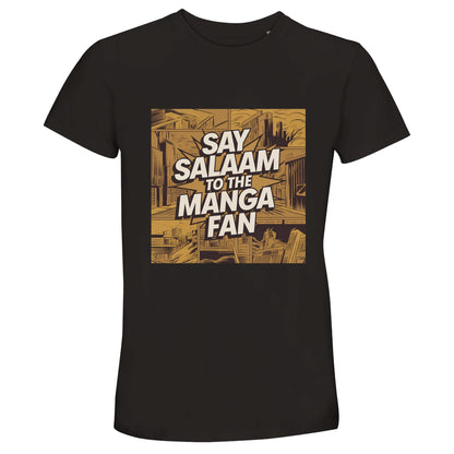 Say Salaam to the Manga Fan Design #2 50% Recycled Unisex Cotton T-Shirt – Deep Black / Zeus. Featuring a detailed manga-style cityscape in warm gold and brown tones, this illustrated tee captures the look of classic Japanese panels. The bold ‘Say Salaam to the Manga Fan’ lettering cuts through the skyline like a comic burst. A breathable short-sleeve top for Muslim manga lovers who balance faith and fandom. Soft, lightweight cotton with an artistic edge — ideal for everyday, creative wear.