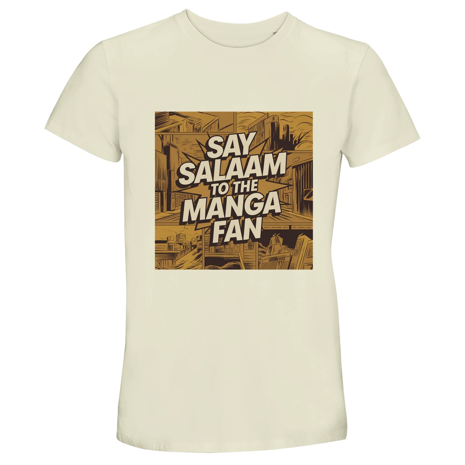 Say Salaam to the Manga Fan Design #2 50% Recycled Unisex Cotton T-Shirt – Natural / Moon Mist / Satin Linen / Beige. This soft, illustrated tee presents a manga-inspired city drawn in golden ink, framed with sharp comic shading and perspective. Across the artwork, bold Salam lettering stands out like a page caption. A modest unisex top for Muslim manga readers who love story-driven visuals and conscious comfort. Smooth, eco-friendly cotton with effortless streetwear appeal and visual depth.