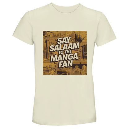 Say Salaam to the Manga Fan Design #2 50% Recycled Unisex Cotton T-Shirt – Natural / Moon Mist / Satin Linen / Beige. This soft, illustrated tee presents a manga-inspired city drawn in golden ink, framed with sharp comic shading and perspective. Across the artwork, bold Salam lettering stands out like a page caption. A modest unisex top for Muslim manga readers who love story-driven visuals and conscious comfort. Smooth, eco-friendly cotton with effortless streetwear appeal and visual depth.