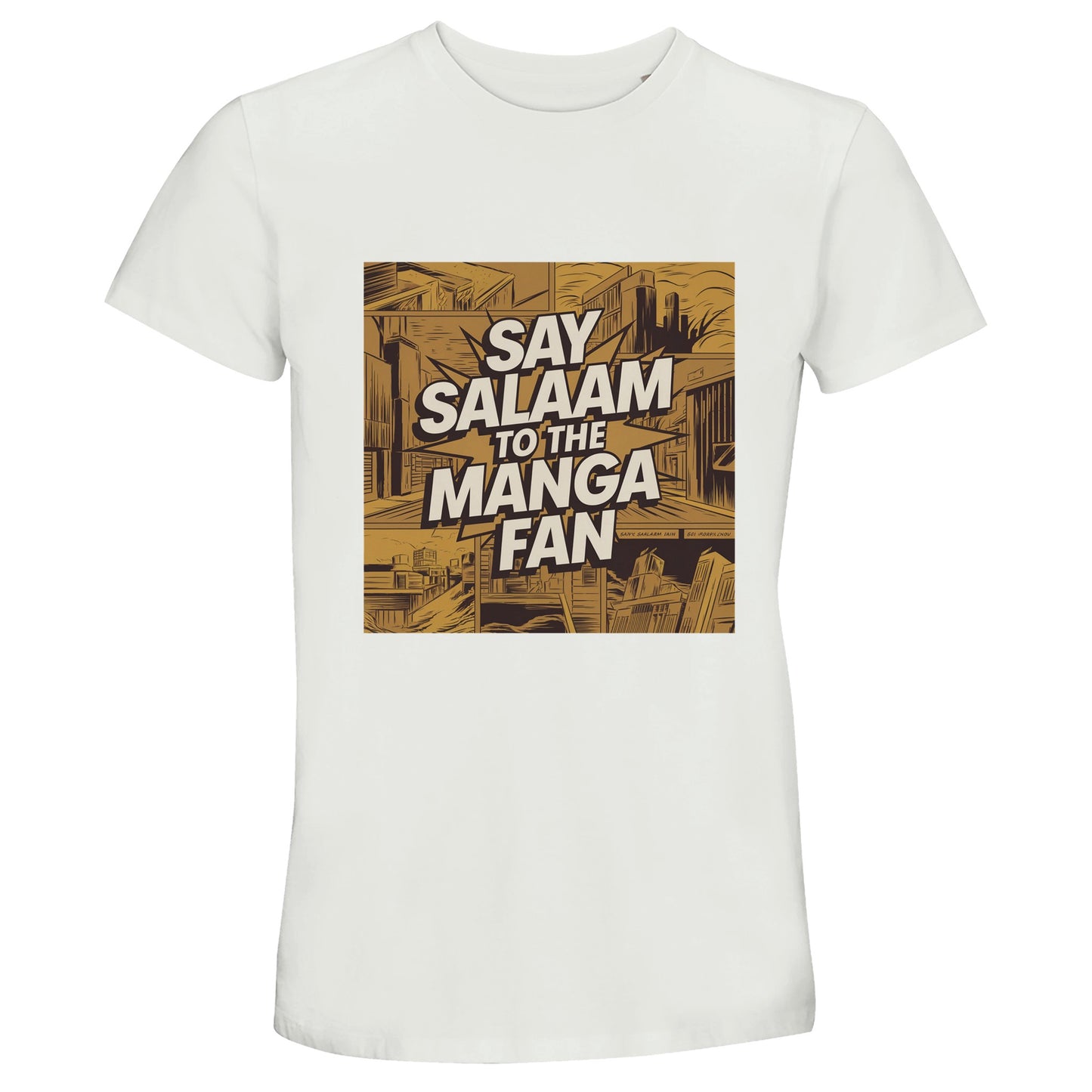 Say Salaam to the Manga Fan Design #2 50% Recycled Unisex Cotton T-Shirt – White / Platinum. The chest graphic displays an illustrated manga panel city in sepia gold, detailed with angular buildings and comic-style shading. Centred is the phrase ‘Say Salaam to the Manga Fan’ in bold white text bursting across the skyline. Made from lightweight, soft cotton for Muslim anime fans who appreciate art with meaning. A breathable short-sleeved shirt that blends faith, nostalgia and creativity.
