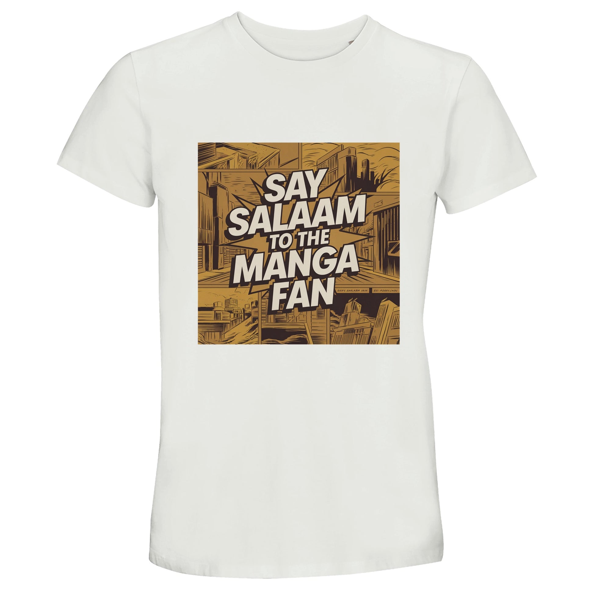 Say Salaam to the Manga Fan Design #2 50% Recycled Unisex Cotton T-Shirt – White / Platinum. The chest graphic displays an illustrated manga panel city in sepia gold, detailed with angular buildings and comic-style shading. Centred is the phrase ‘Say Salaam to the Manga Fan’ in bold white text bursting across the skyline. Made from lightweight, soft cotton for Muslim anime fans who appreciate art with meaning. A breathable short-sleeved shirt that blends faith, nostalgia and creativity.