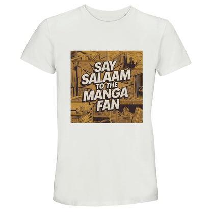 Say Salaam to the Manga Fan Design #2 50% Recycled Unisex Cotton T-Shirt – White / Platinum. The chest graphic displays an illustrated manga panel city in sepia gold, detailed with angular buildings and comic-style shading. Centred is the phrase ‘Say Salaam to the Manga Fan’ in bold white text bursting across the skyline. Made from lightweight, soft cotton for Muslim anime fans who appreciate art with meaning. A breathable short-sleeved shirt that blends faith, nostalgia and creativity.