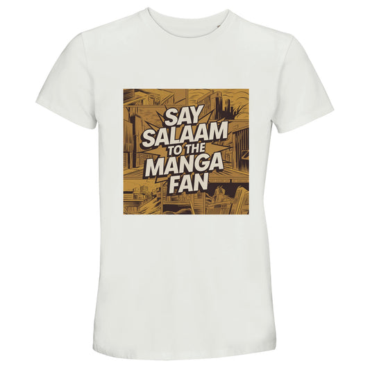 Say Salaam to the Manga Fan Design #2 50% Recycled Unisex Cotton T-Shirt – White / Platinum. The chest graphic displays an illustrated manga panel city in sepia gold, detailed with angular buildings and comic-style shading. Centred is the phrase ‘Say Salaam to the Manga Fan’ in bold white text bursting across the skyline. Made from lightweight, soft cotton for Muslim anime fans who appreciate art with meaning. A breathable short-sleeved shirt that blends faith, nostalgia and creativity.