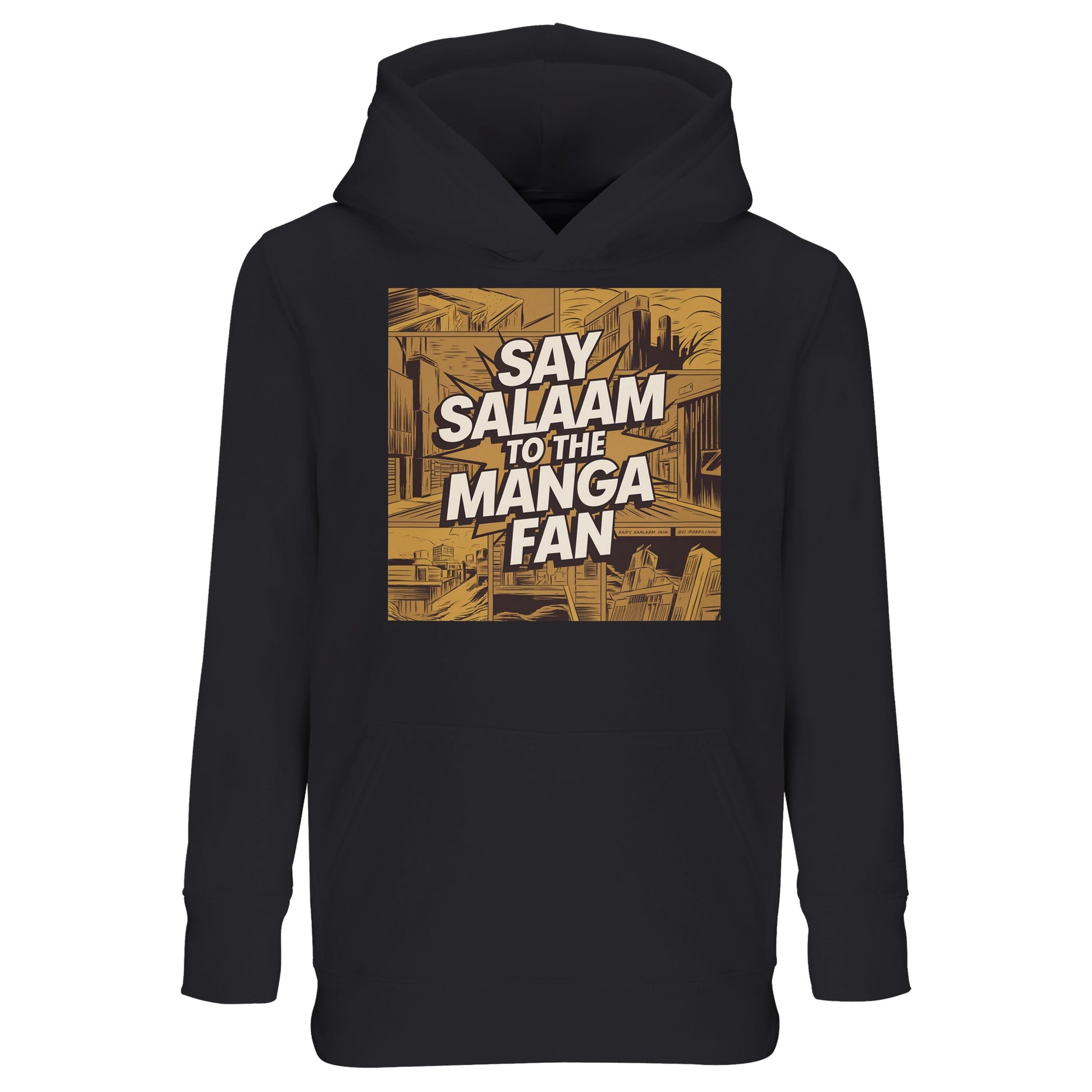 Say Salaam to the Manga Fan Design #2 Part-Recycled Cotton-Poly Kids Hoodie – Black / Deep Black / Zeus. The gold-brown illustrated manga panel on the front shows a detailed city skyline with bold comic linework and shading. White “Say Salaam to the Manga Fan” lettering bursts across the artwork like an action caption. A modest, comfortable kids’ hoodie for young Muslim manga fans who mix creativity with faith — warm, durable and perfect for reading or relaxed days indoors.