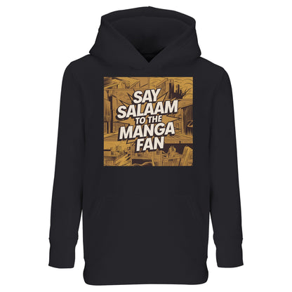 Say Salaam to the Manga Fan Design #2 Part-Recycled Cotton-Poly Kids Hoodie – Black / Deep Black / Zeus. The gold-brown illustrated manga panel on the front shows a detailed city skyline with bold comic linework and shading. White “Say Salaam to the Manga Fan” lettering bursts across the artwork like an action caption. A modest, comfortable kids’ hoodie for young Muslim manga fans who mix creativity with faith — warm, durable and perfect for reading or relaxed days indoors.