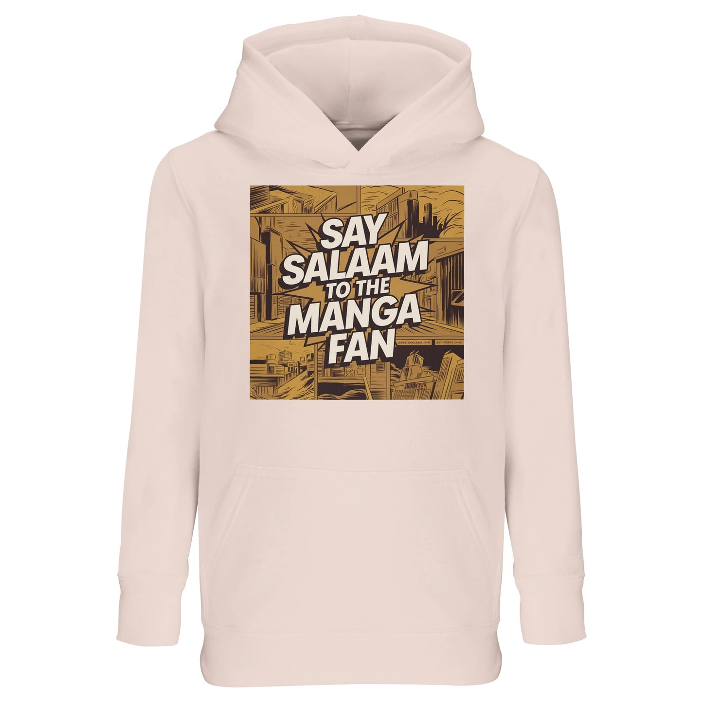 Say Salaam to the Manga Fan Design #2 Part-Recycled Cotton-Poly Kids Hoodie – Creamy Pink / Oyster Pink. Printed with a golden manga-city illustration and strong inked shading, this soft hoodie balances modest comfort with comic artistry. The bright white Salam lettering gives the piece its signature visual punch. Ideal for Muslim manga fans who draw, collect or daydream in story worlds — warm, cosy and creative, blending pop-culture style with a peaceful everyday look.