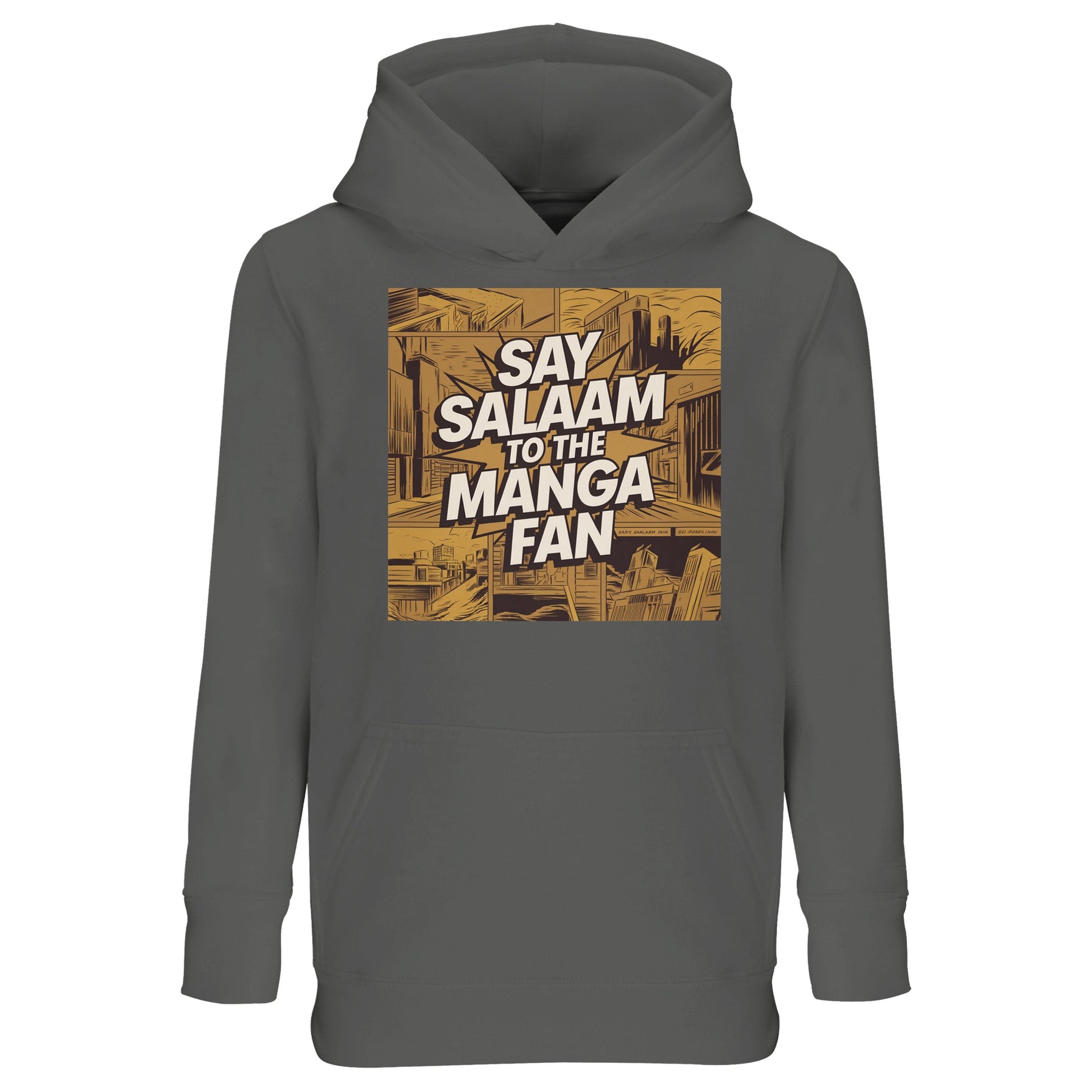 Say Salaam to the Manga Fan Design #2 Part-Recycled Cotton-Poly Kids Hoodie – Grey Melange / Heather Grey / Classic Athletic Grey Blend. Featuring an illustrated manga-style city drawn in gold and bronze, this hoodie captures the look of traditional Japanese panels. The white Salam text cuts through the design with comic-book energy. Soft, warm and made for comfort, this faith-friendly pullover suits Muslim manga fans who love creative storytelling, quiet weekends and cultural flair.