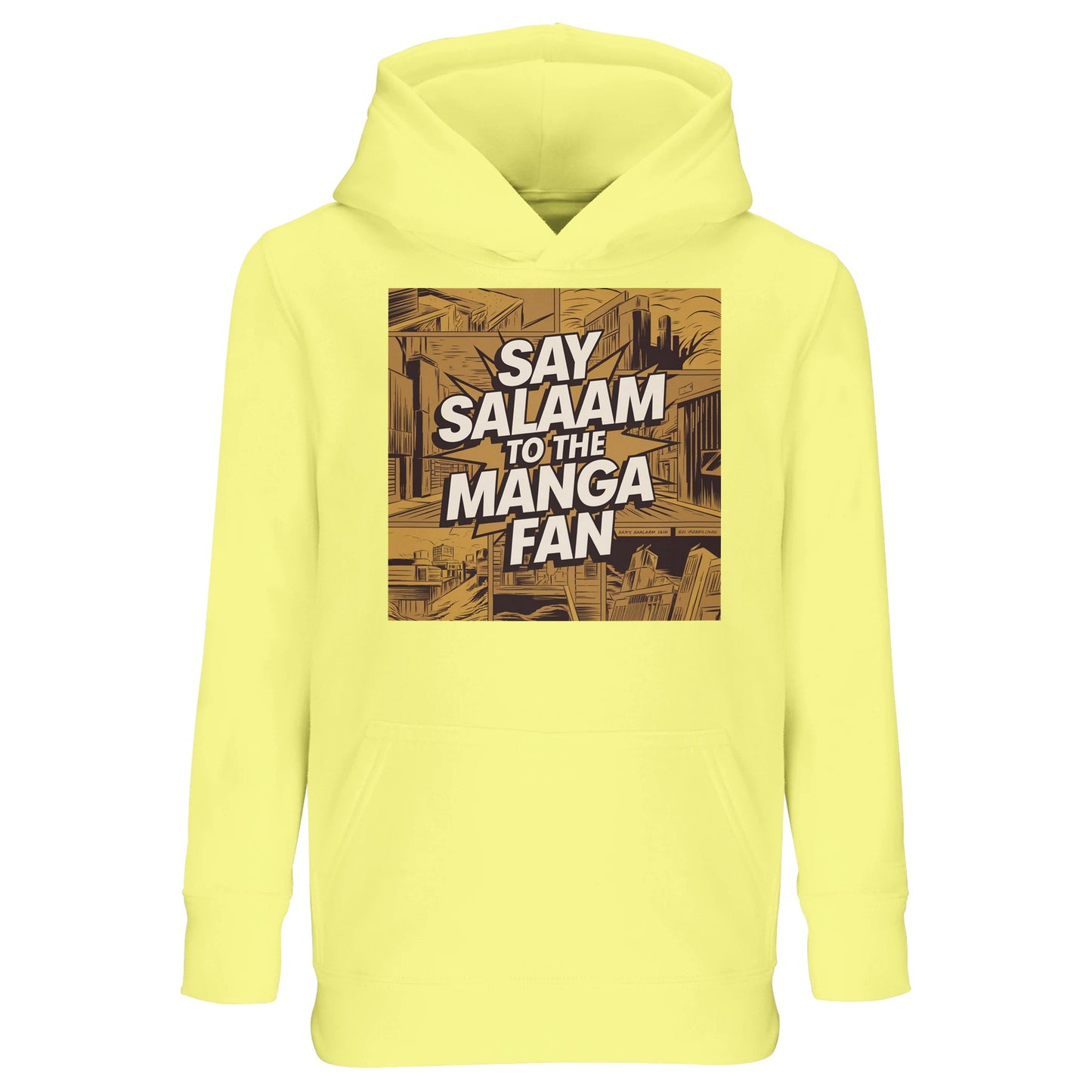 Say Salaam to the Manga Fan Design #2 Part-Recycled Cotton-Poly Kids Hoodie – Light Yellow / Lemon Chiffon. A warm, illustrated hoodie printed with a golden manga cityscape framed by crisp linework and shadowed panels. The bold Salam lettering at the centre recalls classic shōnen cover art. Perfect for young Muslim manga readers who want modest, expressive streetwear with cheerful colour and soft brushed fleece comfort — an easy favourite for study, play or after-school reading.