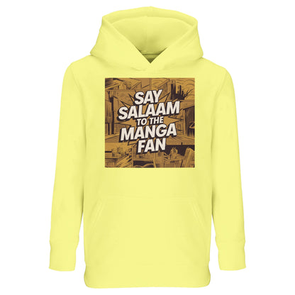 Say Salaam to the Manga Fan Design #2 Part-Recycled Cotton-Poly Kids Hoodie – Light Yellow / Lemon Chiffon. A warm, illustrated hoodie printed with a golden manga cityscape framed by crisp linework and shadowed panels. The bold Salam lettering at the centre recalls classic shōnen cover art. Perfect for young Muslim manga readers who want modest, expressive streetwear with cheerful colour and soft brushed fleece comfort — an easy favourite for study, play or after-school reading.