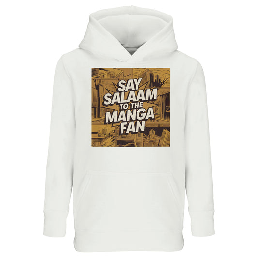 Say Salaam to the Manga Fan Design #2 Part-Recycled Cotton-Poly Kids Hoodie – White / Platinum. The front graphic features a gold-sepia manga panel of a city skyline with layered depth and comic-style perspective. “Say Salaam to the Manga Fan” appears boldly across the scene. A breathable, modest hoodie designed for Muslim kids who love anime and imagination. Soft brushed fleece adds warmth for cool nights or weekend wear — expressive, faith-friendly and creative in tone.