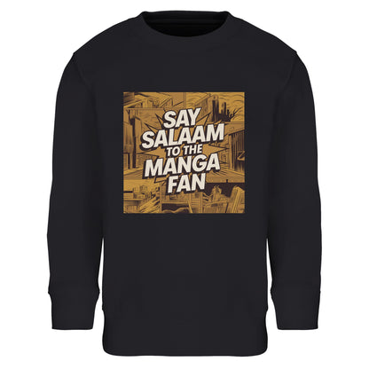 Say Salaam to the Manga Fan Design #2 Part-Recycled Cotton-Poly Kids Sweatshirt – Black / Deep Black / Zeus. A soft, illustrated long-sleeved top featuring a golden manga-panel cityscape with comic linework and bold white lettering that reads ‘Say Salaam to the Manga Fan’. The warm brushed fleece interior keeps it cosy for reading or drawing time, while ribbed cuffs and hem offer structure. A modest, durable pullover for young Muslim anime lovers who mix faith, creativity and comfort.