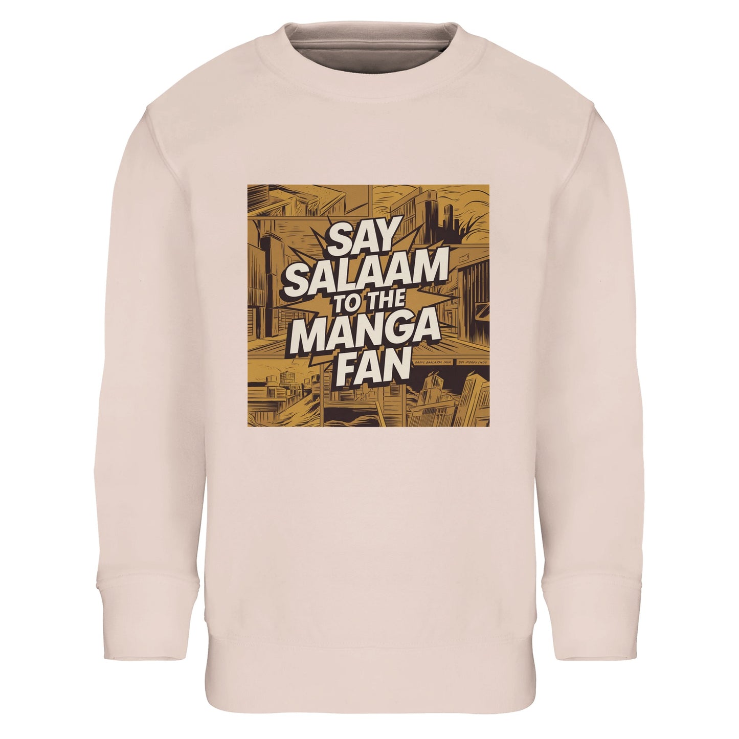 Say Salaam to the Manga Fan Design #2 Part-Recycled Cotton-Poly Kids Sweatshirt – Creamy Pink / Oyster Pink. This illustrated pullover features a golden manga cityscape surrounded by comic linework and layered shading. The phrase ‘Say Salaam to the Manga Fan’ stands proudly across the chest. Soft, warm and durable, it’s ideal for Muslim children who love artistic stories and expressive design. A cosy, modest long-sleeved top that feels both creative and comfortably everyday.