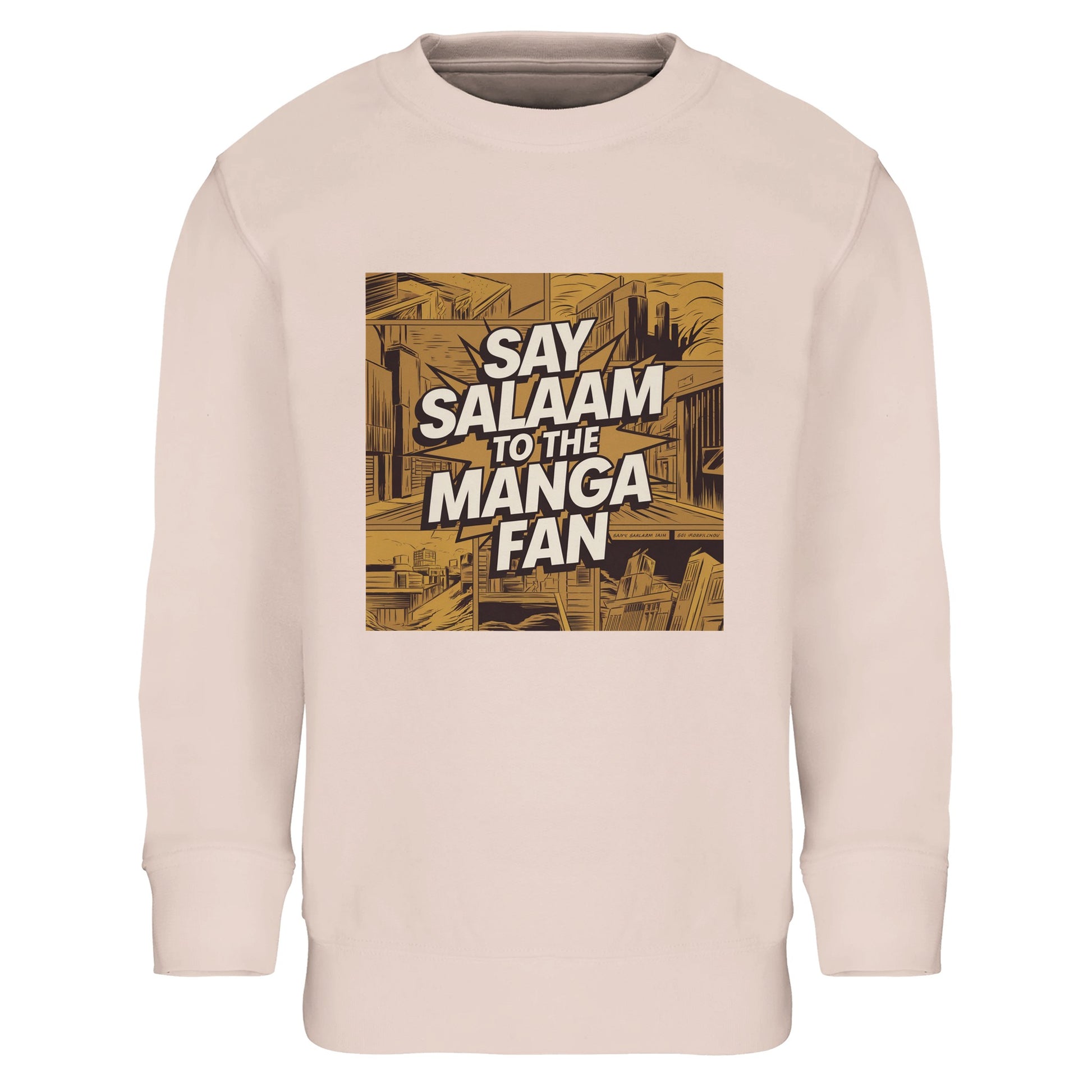 Say Salaam to the Manga Fan Design #2 Part-Recycled Cotton-Poly Kids Sweatshirt – Creamy Pink / Oyster Pink. This illustrated pullover features a golden manga cityscape surrounded by comic linework and layered shading. The phrase ‘Say Salaam to the Manga Fan’ stands proudly across the chest. Soft, warm and durable, it’s ideal for Muslim children who love artistic stories and expressive design. A cosy, modest long-sleeved top that feels both creative and comfortably everyday.
