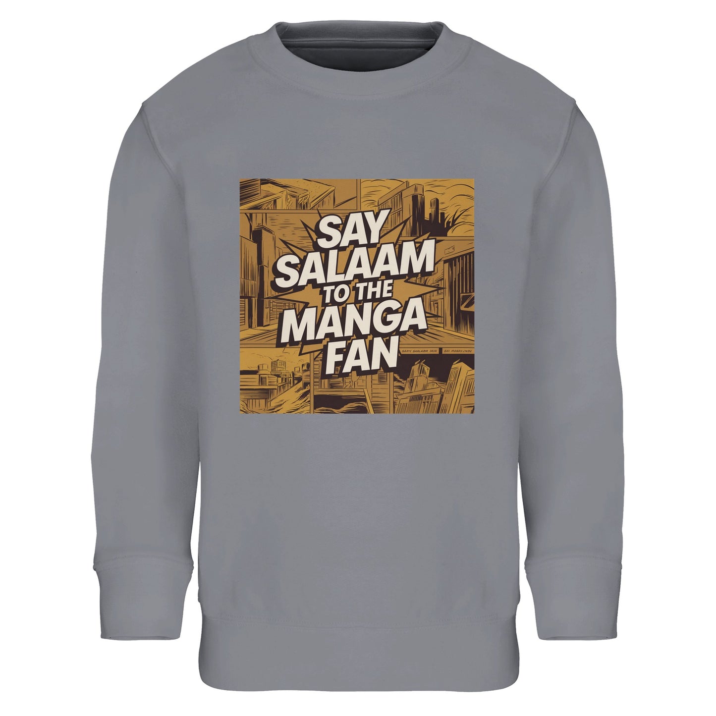 Say Salaam to the Manga Fan Design #2 Part-Recycled Cotton-Poly Kids Sweatshirt – Grey Melange / Heather Grey / Classic Athletic Grey Blend. Printed with a gold-sepia manga city illustration framed in brown shading, this soft pullover merges comic artistry with subtle streetwear style. The central Salam wordmark adds a sense of movement. Made for Muslim manga fans who love expressive detail, this long-sleeved top offers warmth, faith-friendly wear, and everyday durability.