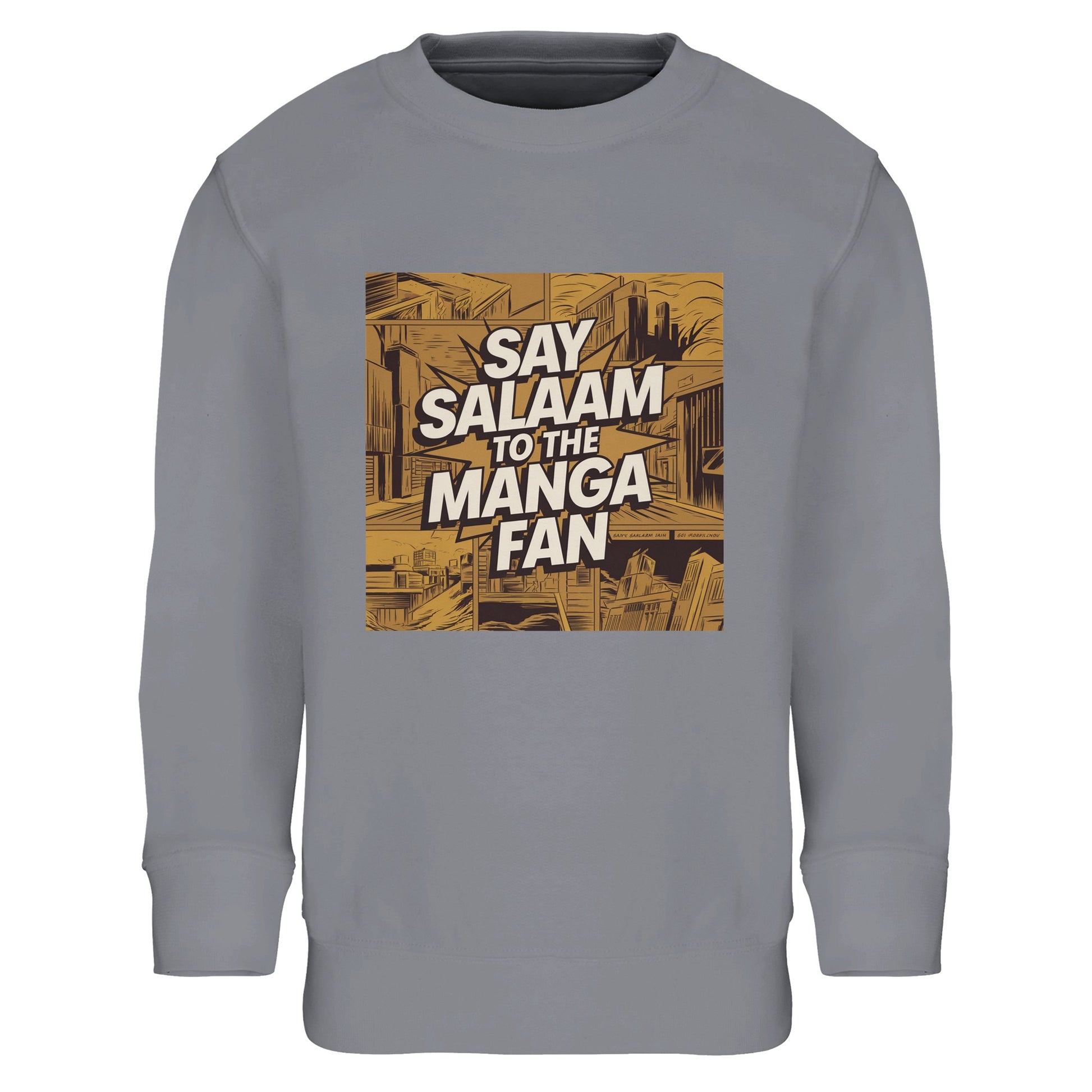 Say Salaam to the Manga Fan Design #2 Part-Recycled Cotton-Poly Kids Sweatshirt – Grey Melange / Heather Grey / Classic Athletic Grey Blend. Printed with a gold-sepia manga city illustration framed in brown shading, this soft pullover merges comic artistry with subtle streetwear style. The central Salam wordmark adds a sense of movement. Made for Muslim manga fans who love expressive detail, this long-sleeved top offers warmth, faith-friendly wear, and everyday durability.