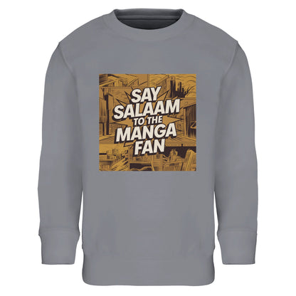 Say Salaam to the Manga Fan Design #2 Part-Recycled Cotton-Poly Kids Sweatshirt – Grey Melange / Heather Grey / Classic Athletic Grey Blend. Printed with a gold-sepia manga city illustration framed in brown shading, this soft pullover merges comic artistry with subtle streetwear style. The central Salam wordmark adds a sense of movement. Made for Muslim manga fans who love expressive detail, this long-sleeved top offers warmth, faith-friendly wear, and everyday durability.