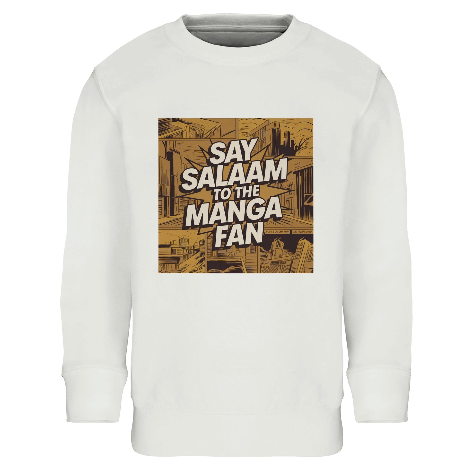 Say Salaam to the Manga Fan Design #2 Part-Recycled Cotton-Poly Kids Sweatshirt – White / Platinum. The front showcases an illustrated manga-panel city rendered in warm gold and bronze hues, complete with bold black outlines and dynamic perspective. Centred across the skyline is the white Salam text — a comic-style burst linking culture, art and faith. A durable long-sleeved top for Muslim manga fans who appreciate artistry, comfort and everyday modest expression.