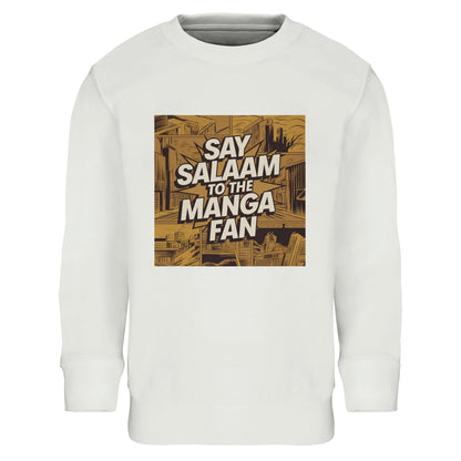 Say Salaam to the Manga Fan Design #2 Part-Recycled Cotton-Poly Kids Sweatshirt – White / Platinum. The front showcases an illustrated manga-panel city rendered in warm gold and bronze hues, complete with bold black outlines and dynamic perspective. Centred across the skyline is the white Salam text — a comic-style burst linking culture, art and faith. A durable long-sleeved top for Muslim manga fans who appreciate artistry, comfort and everyday modest expression.