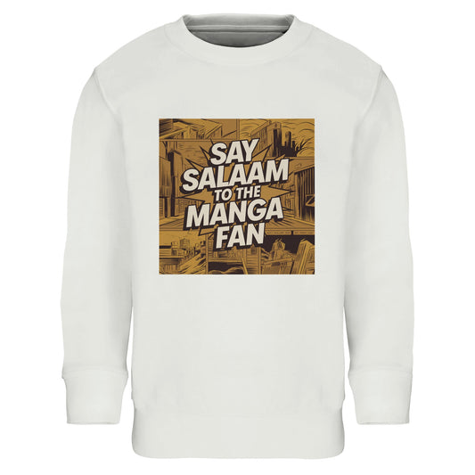 Say Salaam to the Manga Fan Design #2 Part-Recycled Cotton-Poly Kids Sweatshirt – White / Platinum. The front showcases an illustrated manga-panel city rendered in warm gold and bronze hues, complete with bold black outlines and dynamic perspective. Centred across the skyline is the white Salam text — a comic-style burst linking culture, art and faith. A durable long-sleeved top for Muslim manga fans who appreciate artistry, comfort and everyday modest expression.