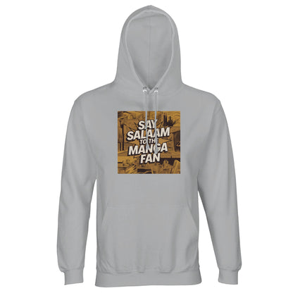 Say Salaam to the Manga Fan Design #2 Part-Recycled Unisex Cotton-Poly Hoodie – Ash / Silver Chalice. Printed with a vintage-style manga city scene in warm gold and brown tones, this graphic hoodie captures the feel of classic Japanese comics. Thick white outlines and panel frames surround the bold Salam wordmark, echoing old-school shōnen design. A unisex, modest hoodie for Muslim fans who appreciate urban art and faithful expression in everyday streetwear.