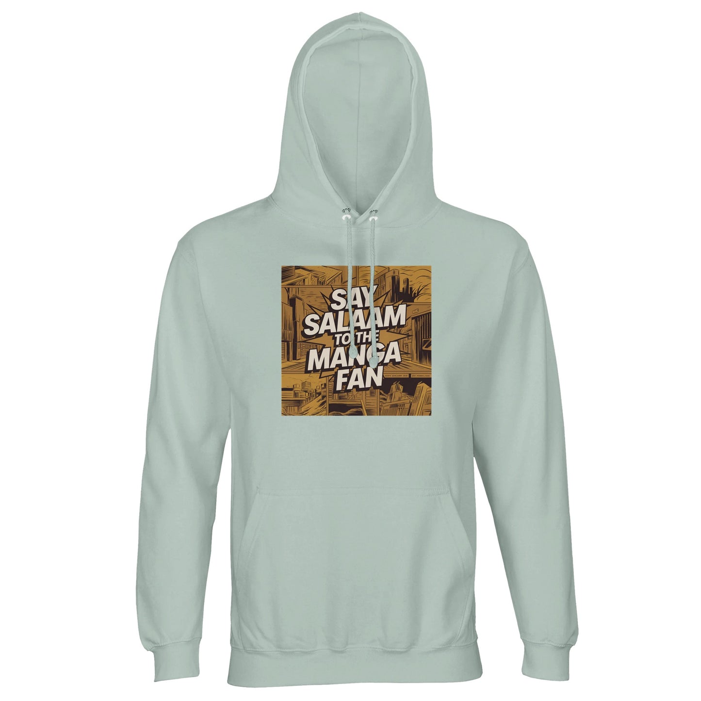 Say Salaam to the Manga Fan Design #2 Part-Recycled Unisex Cotton-Poly Hoodie – Creamy Green / Greenish Grey. Printed with a vintage manga city graphic in gold and brown, this hoodie balances urban art with faith-based storytelling. Architectural detail and panel texture frame the Salam wordmark in true comic form. A modest, breathable piece for Muslim anime readers who love art with subtle meaning — made for warmth, reflection and creative movement.