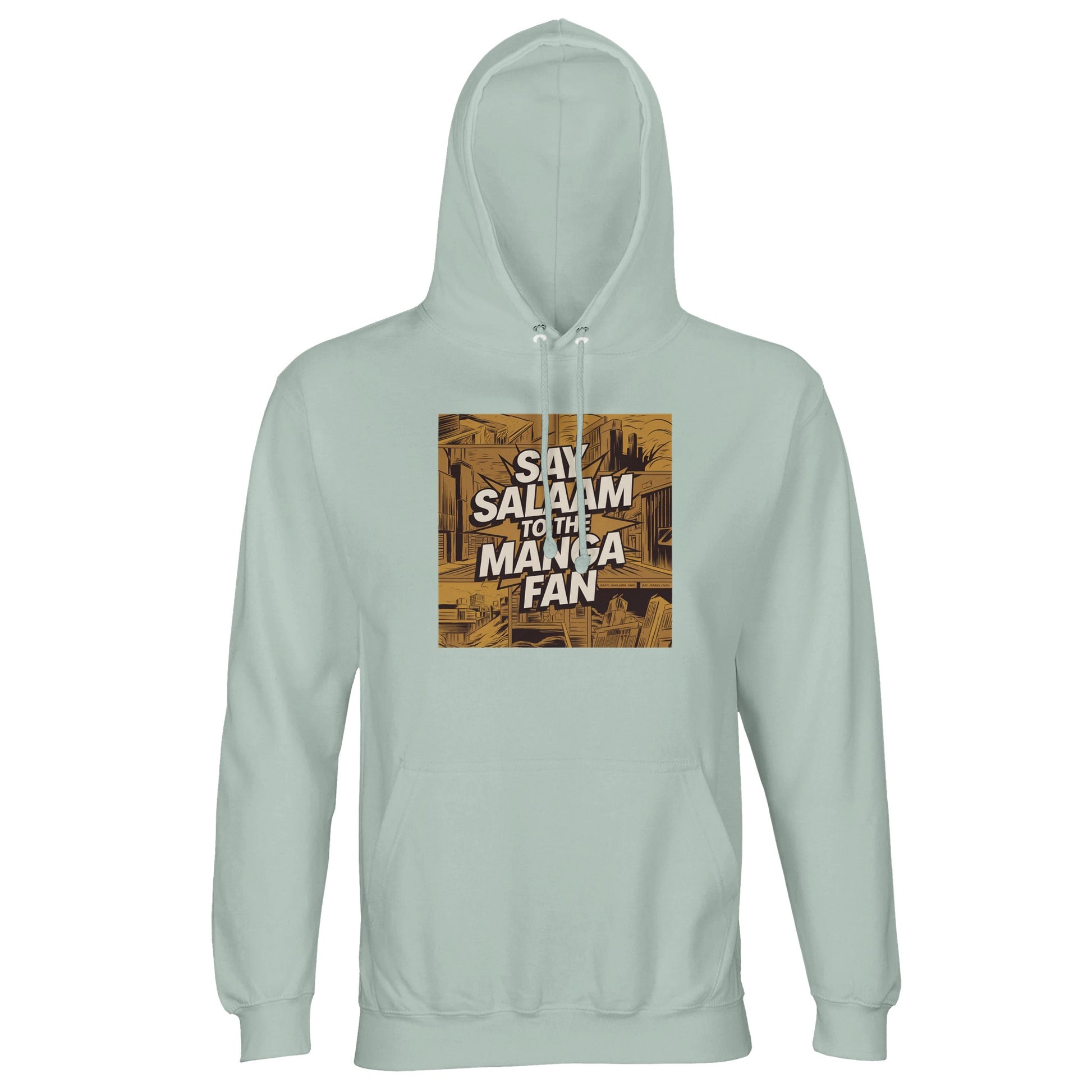 Say Salaam to the Manga Fan Design #2 Part-Recycled Unisex Cotton-Poly Hoodie – Creamy Green / Greenish Grey. Printed with a vintage manga city graphic in gold and brown, this hoodie balances urban art with faith-based storytelling. Architectural detail and panel texture frame the Salam wordmark in true comic form. A modest, breathable piece for Muslim anime readers who love art with subtle meaning — made for warmth, reflection and creative movement.
