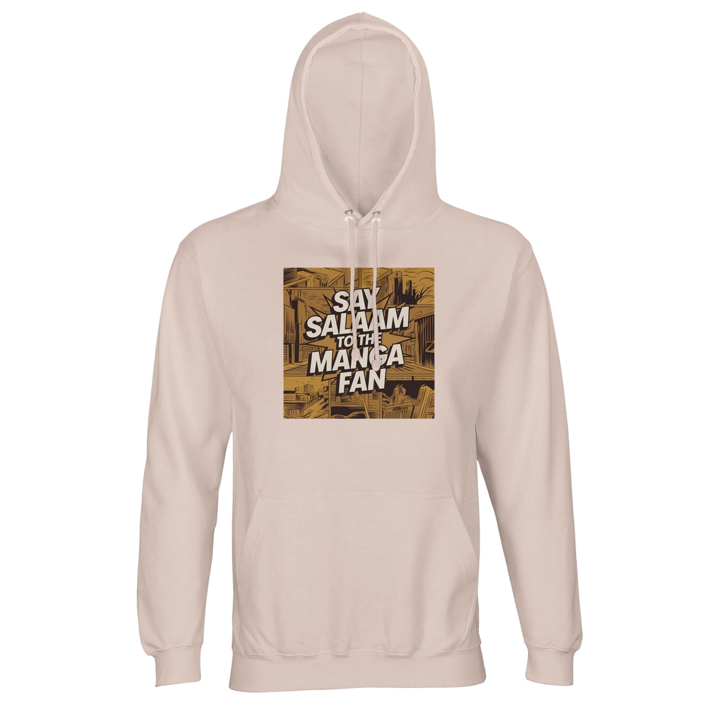 Say Salaam to the Manga Fan Design #2 Part-Recycled Unisex Cotton-Poly Hoodie – Creamy Pink / Oyster Pink. A soft hoodie showcasing a gold-sepia manga panel illustration of city buildings and angular perspectives. Across the centre, ‘Say Salaam to the Manga Fan’ appears in bold comic type with shaded bursts. Perfect for Muslim anime lovers who prefer artistic but gentle tones. Light, comfortable and faith-friendly streetwear that mixes manga nostalgia with everyday calm.