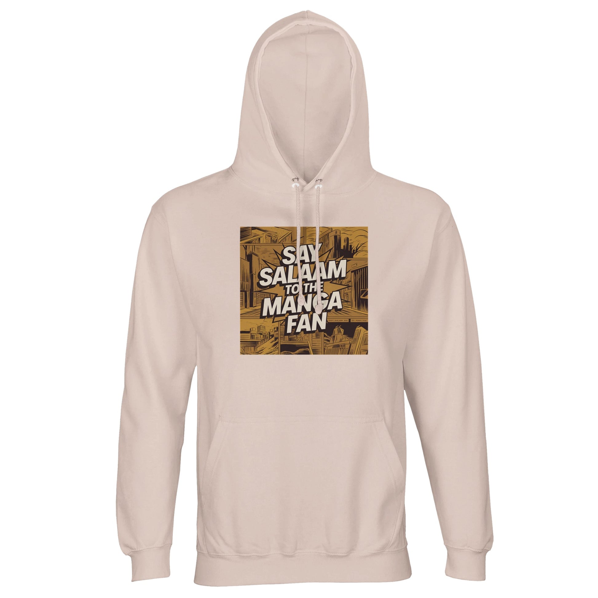 Say Salaam to the Manga Fan Design #2 Part-Recycled Unisex Cotton-Poly Hoodie – Creamy Pink / Oyster Pink. A soft hoodie showcasing a gold-sepia manga panel illustration of city buildings and angular perspectives. Across the centre, ‘Say Salaam to the Manga Fan’ appears in bold comic type with shaded bursts. Perfect for Muslim anime lovers who prefer artistic but gentle tones. Light, comfortable and faith-friendly streetwear that mixes manga nostalgia with everyday calm.