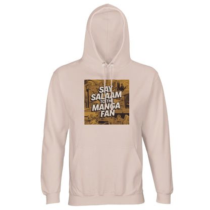 Say Salaam to the Manga Fan Design #2 Part-Recycled Unisex Cotton-Poly Hoodie – Creamy Pink / Oyster Pink. A soft hoodie showcasing a gold-sepia manga panel illustration of city buildings and angular perspectives. Across the centre, ‘Say Salaam to the Manga Fan’ appears in bold comic type with shaded bursts. Perfect for Muslim anime lovers who prefer artistic but gentle tones. Light, comfortable and faith-friendly streetwear that mixes manga nostalgia with everyday calm.