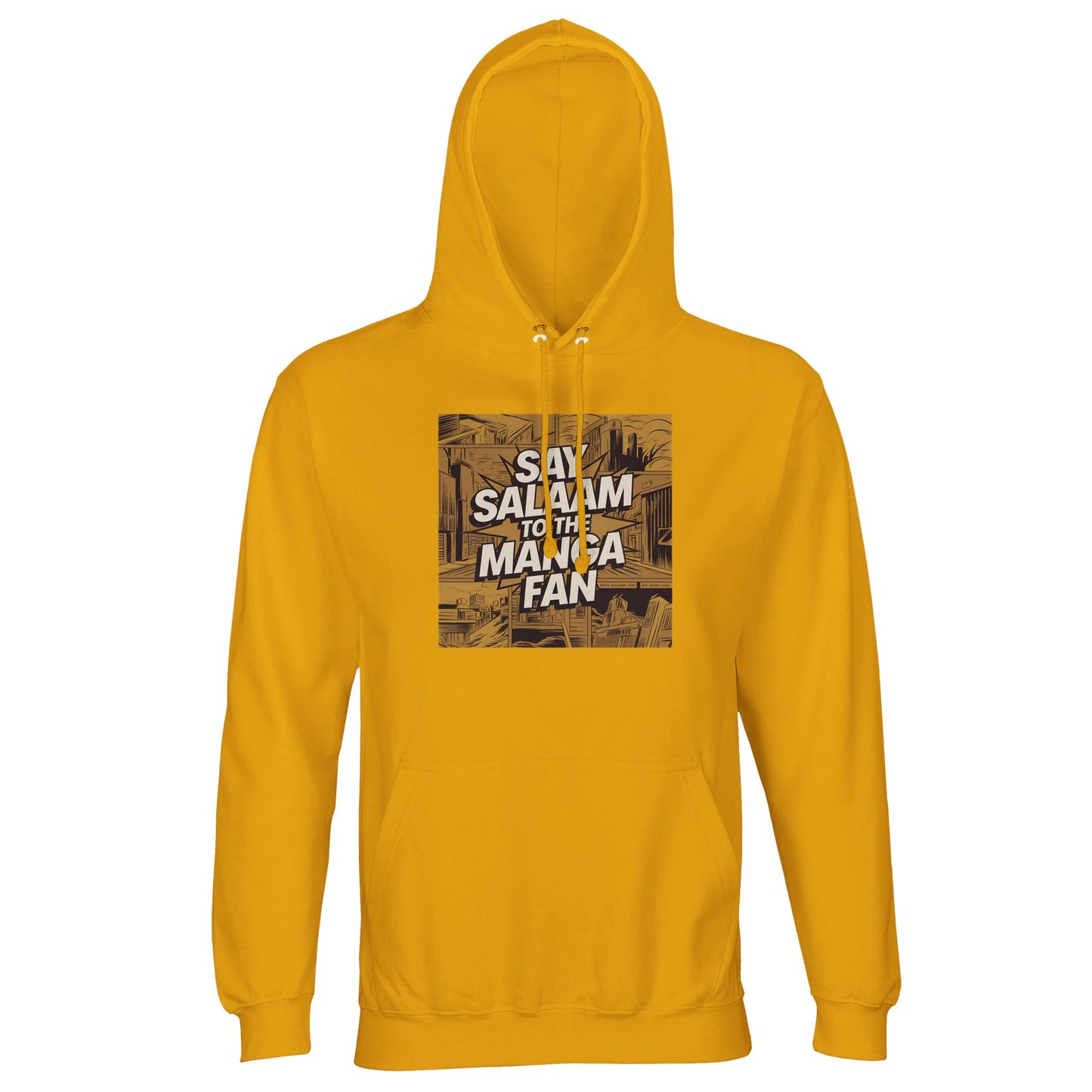 Say Salaam to the Manga Fan Design #2 Part-Recycled Unisex Cotton-Poly Hoodie – Gold / Gamboge. This vivid hoodie features a gold-on-bronze manga panel illustration of a city street with angular buildings and dramatic comic linework. Centred is the ‘Say Salaam to the Manga Fan’ burst in bold white, contrasting the warm tone. A creative piece for Muslim manga fans who love graphic art with meaning — comfortable, durable and perfect for chilled, modest days or drawing nights.