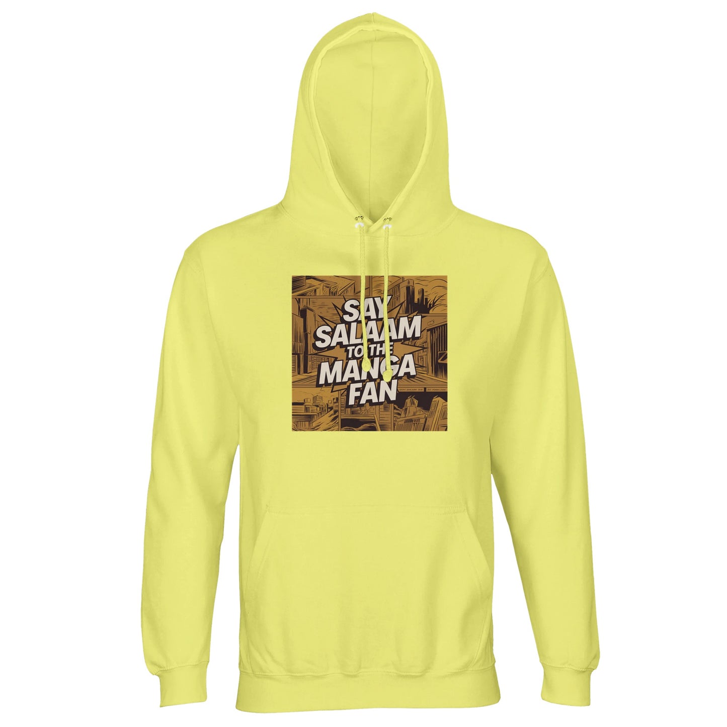 Say Salaam to the Manga Fan Design #2 Part-Recycled Unisex Cotton-Poly Hoodie – Light Yellow / Lemon Chiffon. Featuring a gold-brown manga city panel illustration with tower perspectives and textured shading, this soft hoodie evokes the warmth of vintage comic printing. The white Salam text bursts across the scene with faith-infused energy. Ideal for Muslim fans who value creativity, modesty and colour. Lightweight comfort meets artistic detail for a truly original pullover.