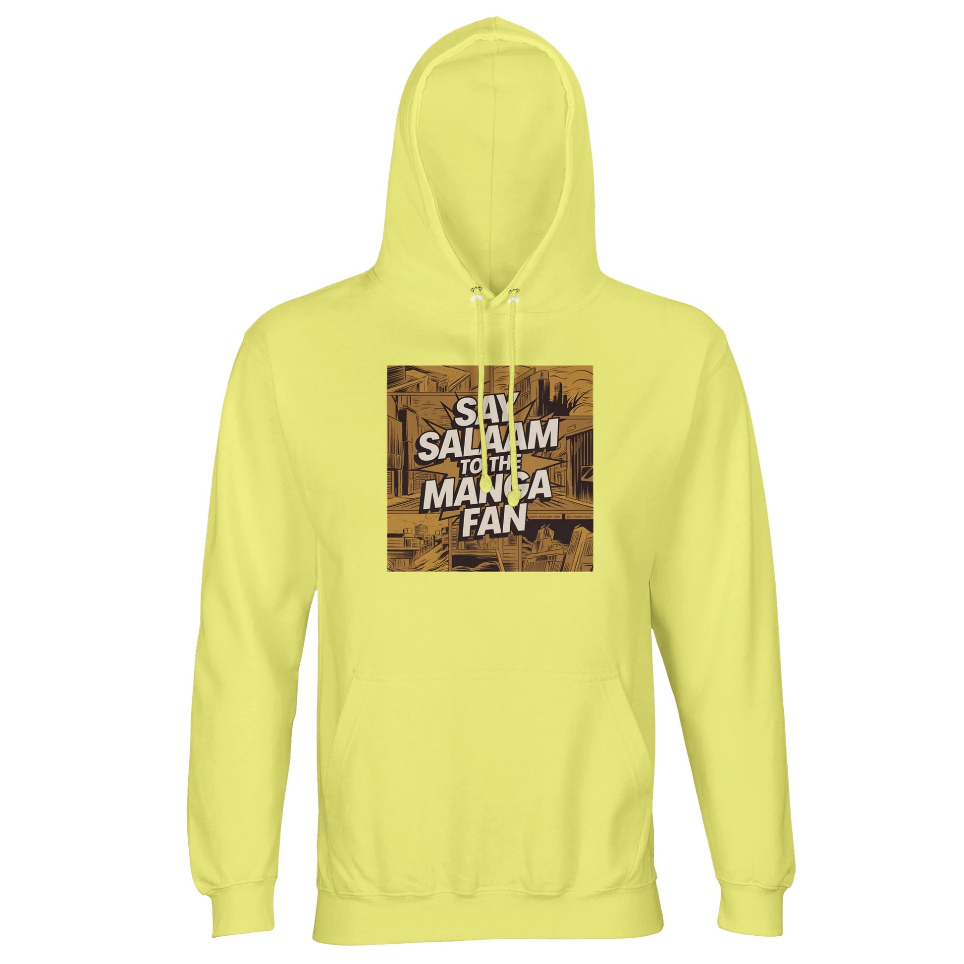 Say Salaam to the Manga Fan Design #2 Part-Recycled Unisex Cotton-Poly Hoodie – Light Yellow / Lemon Chiffon. Featuring a gold-brown manga city panel illustration with tower perspectives and textured shading, this soft hoodie evokes the warmth of vintage comic printing. The white Salam text bursts across the scene with faith-infused energy. Ideal for Muslim fans who value creativity, modesty and colour. Lightweight comfort meets artistic detail for a truly original pullover.