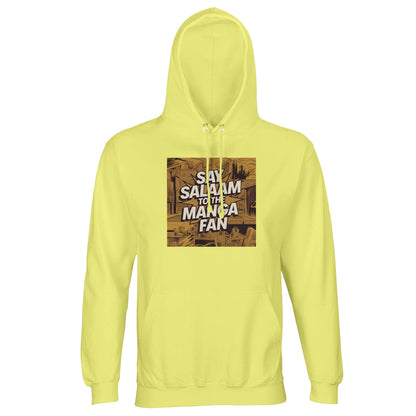 Say Salaam to the Manga Fan Design #2 Part-Recycled Unisex Cotton-Poly Hoodie – Light Yellow / Lemon Chiffon. Featuring a gold-brown manga city panel illustration with tower perspectives and textured shading, this soft hoodie evokes the warmth of vintage comic printing. The white Salam text bursts across the scene with faith-infused energy. Ideal for Muslim fans who value creativity, modesty and colour. Lightweight comfort meets artistic detail for a truly original pullover.