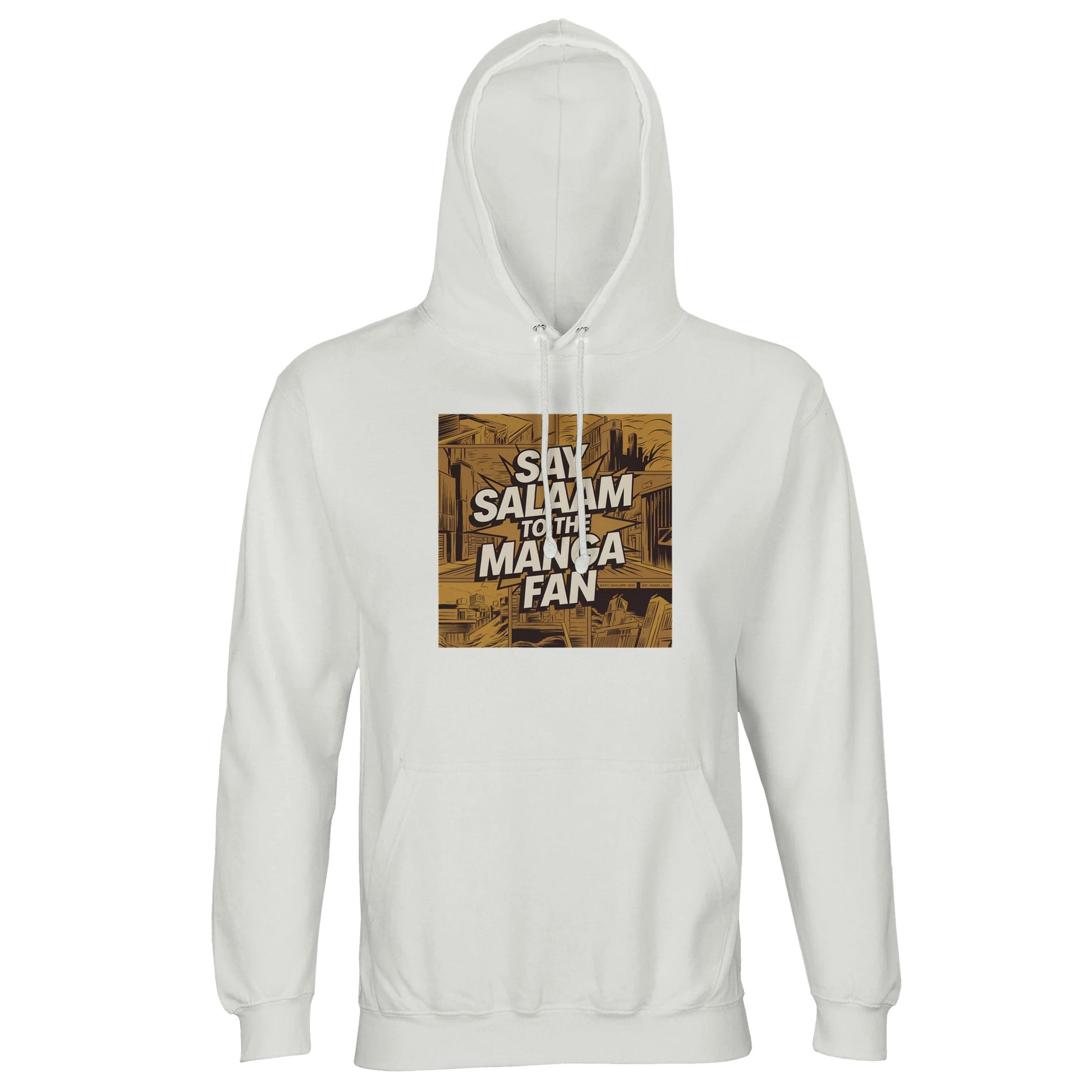 Say Salaam to the Manga Fan Design #2 Part-Recycled Unisex Cotton-Poly Hoodie – White / Platinum. An illustrated manga-panel graphic spreads across the chest in muted gold and sepia tones, showing a layered city skyline with dynamic linework. The large Salam wordmark cuts through the scene like an action caption. A modest, unisex hoodie for Muslim anime enthusiasts who celebrate faith and art through wearable design — comfortable, durable and creative.