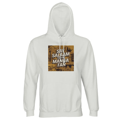 Say Salaam to the Manga Fan Design #2 Part-Recycled Unisex Cotton-Poly Hoodie – White / Platinum. An illustrated manga-panel graphic spreads across the chest in muted gold and sepia tones, showing a layered city skyline with dynamic linework. The large Salam wordmark cuts through the scene like an action caption. A modest, unisex hoodie for Muslim anime enthusiasts who celebrate faith and art through wearable design — comfortable, durable and creative.
