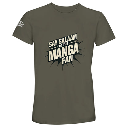 Say Salaam to the Manga Fan Design #3 Recycled Unisex Cotton Tee. Army / Fuscous Grey shirt featuring bold, text-based design in black with a dynamic comic-style explosion. A must-have for anime and manga lovers, including fans of One Piece, One-Punch Man, Bleach, Naruto, Death Note, Dragon Ball, Fullmetal Alchemist, and Akira (and all MangaGo titles). Inspired by Japanese pop culture and sustainable fashion.