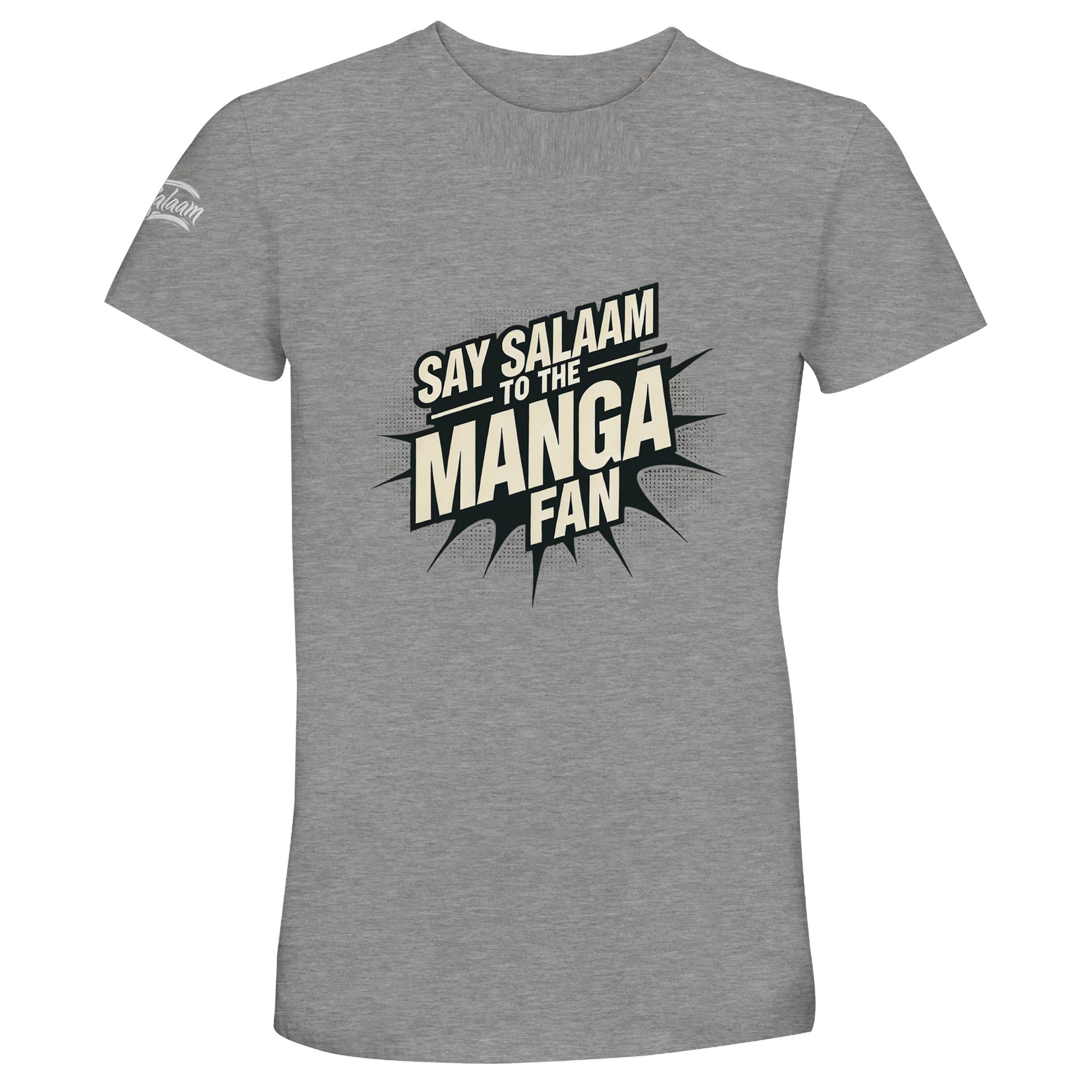 Say Salaam to the Manga Fan Design #3 Recycled Unisex Cotton Tee. Ash / Silver Chalice shirt featuring bold, text-based design in black with a dynamic comic-style explosion. A must-have for anime and manga lovers, including fans of One Piece, One-Punch Man, Bleach, Naruto, Death Note, Dragon Ball, Fullmetal Alchemist, and Akira (and all MangaGo titles). Inspired by Japanese pop culture and sustainable fashion.