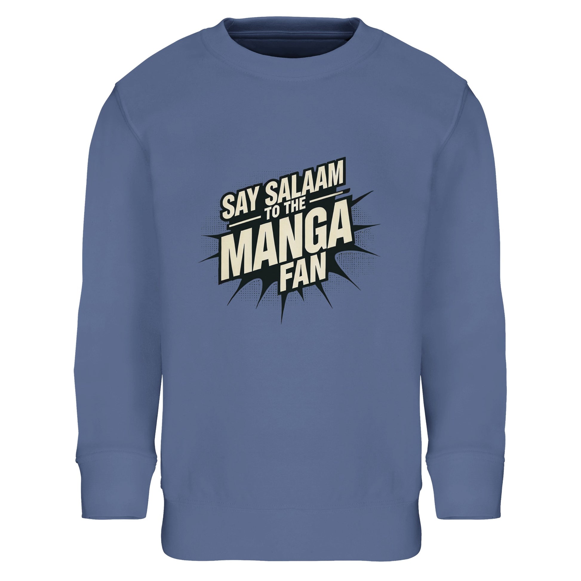 Say Salaam to the Manga Fan Design #3 Part-Recycled Cotton-Poly Kids Sweatshirt – Blue / Marble Blue featuring bold, text-based print design in Black with a dynamic comic-style explosion. For stylish anime and manga lovers into Bleach, Dragon Ball Z, Naruto, Akira, Death Note, or MangaGo titles. Japanese pop culture inspired and essentials sustainable fashion. Colourful jumper, long sleeve, children’s manga sweatshirt, crewneck, youths basic graphic anime pullover for boys, girls, unisex and all genders.