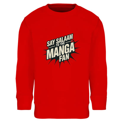 Say Salaam to the Manga Fan Design #3 Part-Recycled Cotton-Poly Kids Sweatshirt – Bright Red / Rosso Corsa featuring bold, text-based print design in Black with a dynamic comic-style explosion. For stylish anime and manga lovers into Dragon Ball Z, Naruto, Bleach, One Piece, Akira or MangaGo titles. Inspired by Japanese pop culture and sustainable fashion. Colourful jumper, long sleeve, children’s manga sweatshirt, essentials crewneck, youths graphic anime pullover for boys, girls, unisex and all genders.