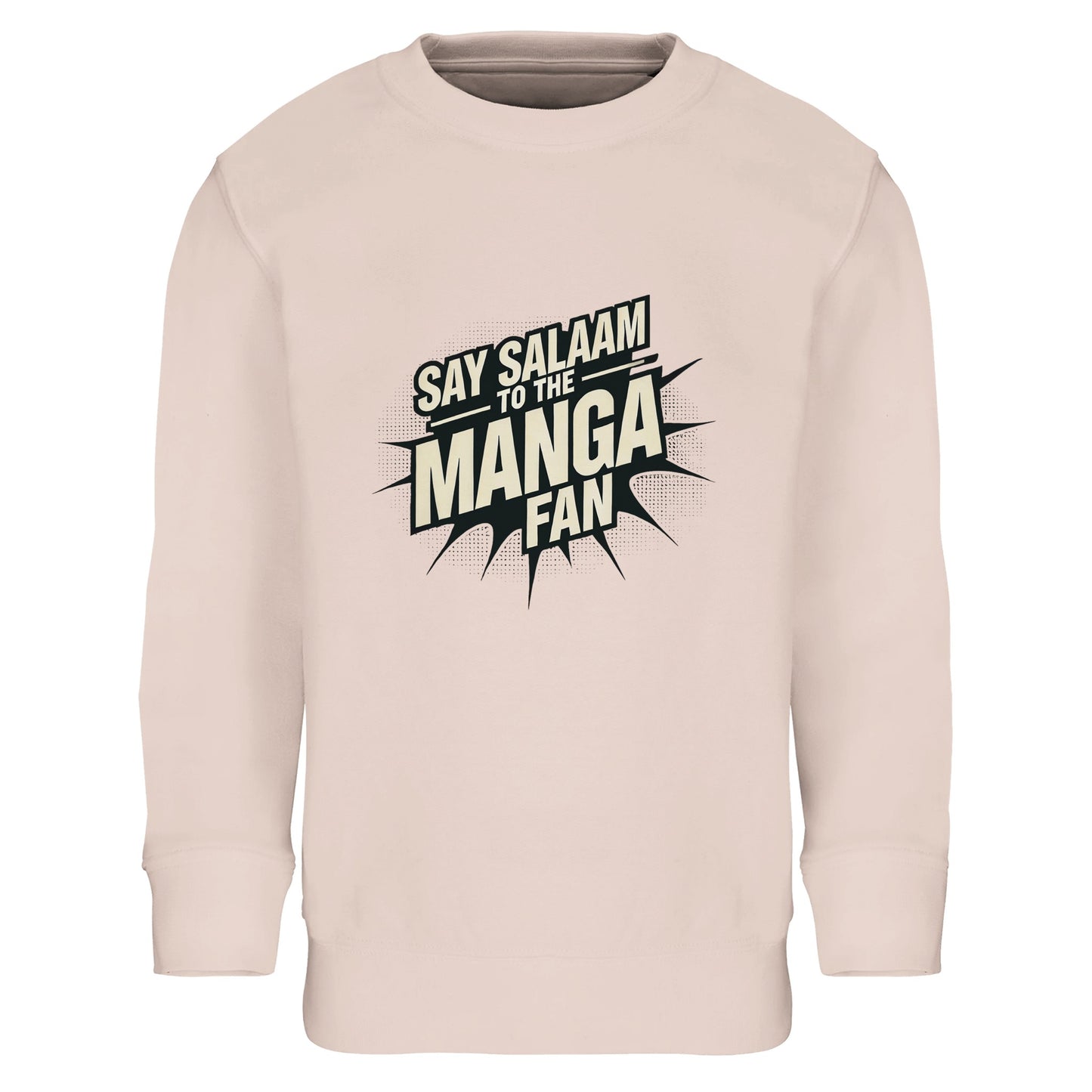 Say Salaam to the Manga Fan Design #3 Part-Recycled Cotton-Poly Kids Sweatshirt – Creamy Pink / Oyster Pink featuring bold, text-based print design in Black with a dynamic comic-style explosion. For stylish anime and manga lovers into Naruto, One Piece, Death Note, DBZ, Bleach, or MangaGo titles. Inspired by Japanese pop culture and sustainable fashion. Colourful jumper, basic long sleeve, children’s manga sweatshirt, crewneck, youths graphic anime pullover for boys, girls, unisex and all genders.
